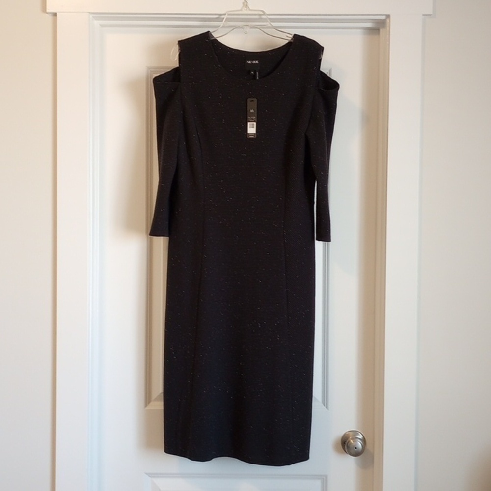 NWT Nic+Zoe Womens Dress Sz M Black White Dots Cold Shoulder Ribbed Phantom